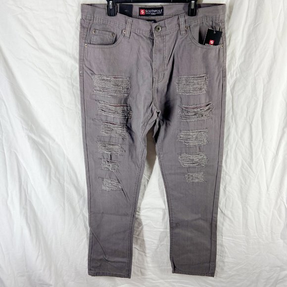 South Pole Mens Dark Grey Distressed Slim Straight Skinny Jeans Size 36X34